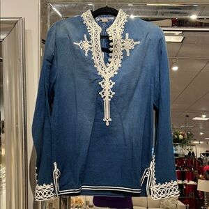 STELLA MC CARTNEY Embroidered Navy Linen Tunic with Cream Trim